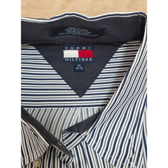 Vintage Tommy Hilfiger Mens Striped Button Down Shirt XL Navy White Long Sleeve - Picture 4 of 7